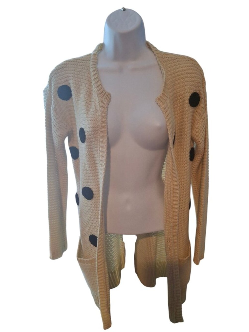 Charlotte Russe Womens S Cream Black Polka Dot Long Cardigan Sweater Twee Preppy